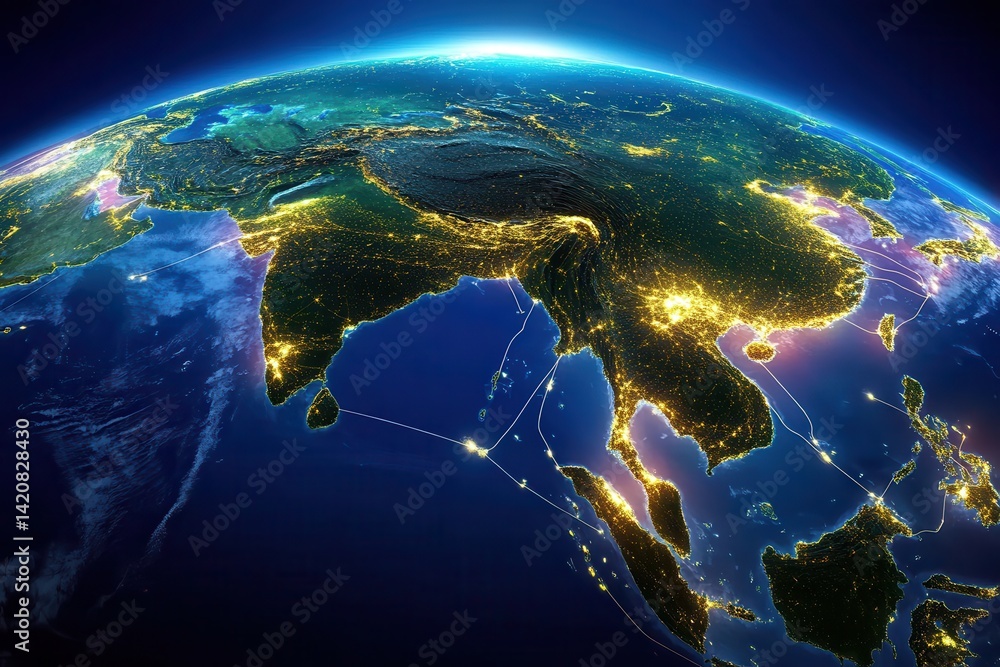 Fototapeta premium High-resolution satellite view of Asia. Detailed city lights and landmasses