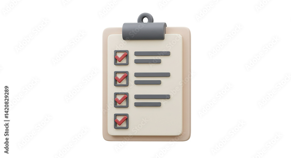 3D clipboard with checklist and red ticks icon isolated on white background, ideal for task management visuals, productivity tools, to-do lists, and digital project tracking platforms 3D clipboard with checklist and red ticks icon isolated on white background, ideal for task management visuals, productivity tools, to-do lists, and digital project tracking platforms