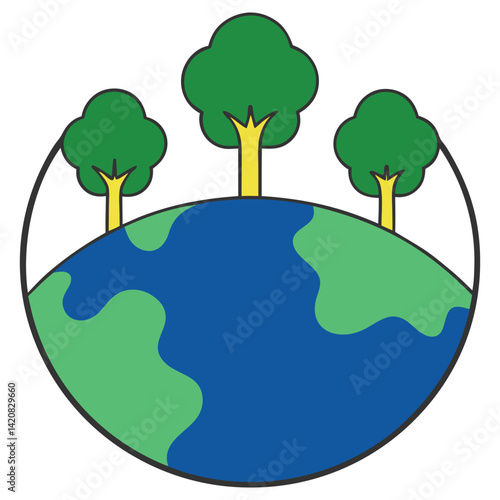 Illustrated Earth with Green Trees, Blue Ocean & Land in a Circular Outline