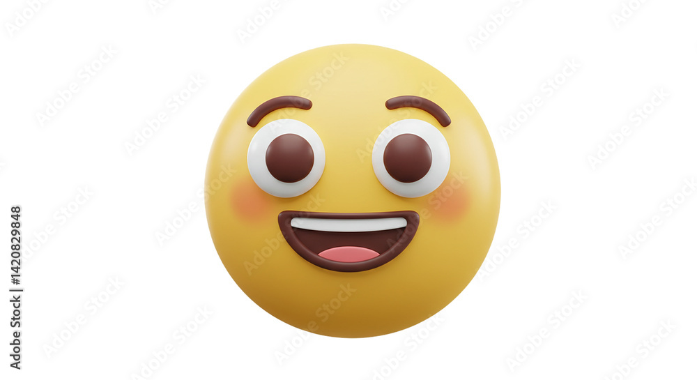 Fototapeta premium 3D smiling emoji face with excited expression isolated on white background, perfect for digital communication, reaction icons, emoji packs, chat apps, and expressive fun messaging graphics