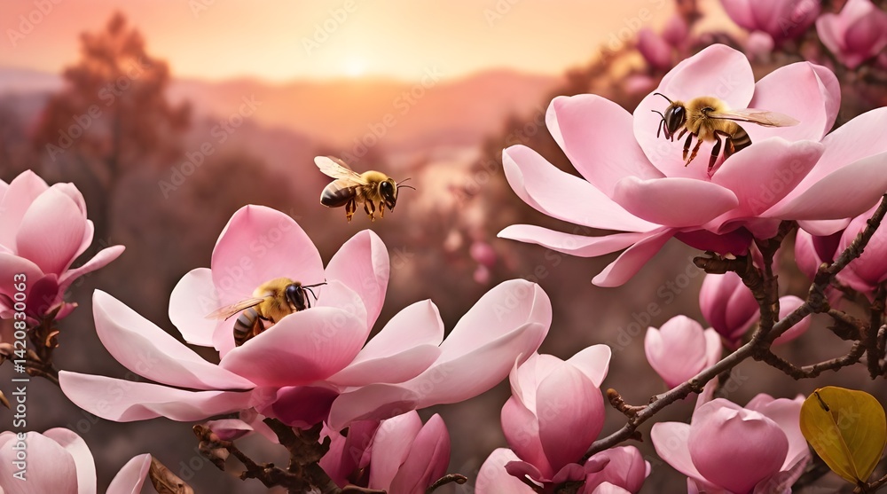 Two bees flying near pink magnolia flower.generative.ai