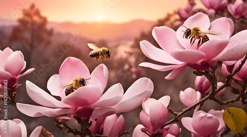 Obraz na płótnie Two bees flying near pink magnolia flower.generative.ai w salonie