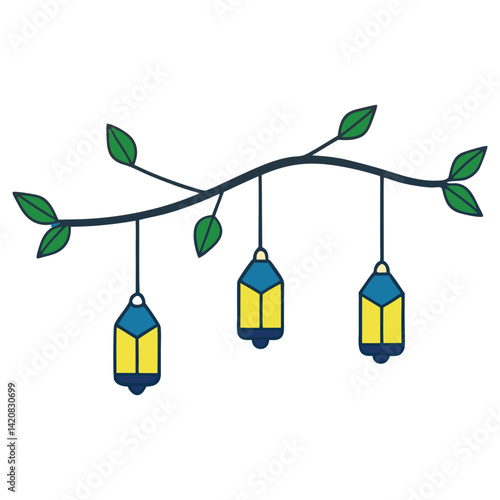 Hanging Ramadan Lanterns on Branch with Leaves, Traditional Element on White