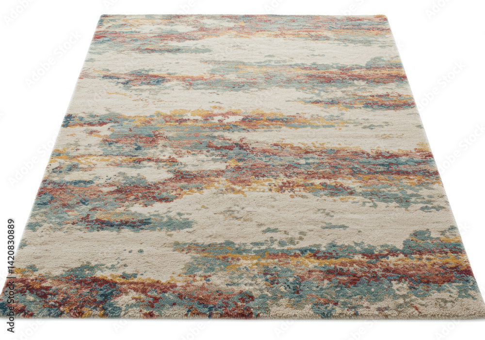 Fototapeta premium Multi-colored rug on white background, vibrant hues create a geometric pattern, adding a modern touch to the space.