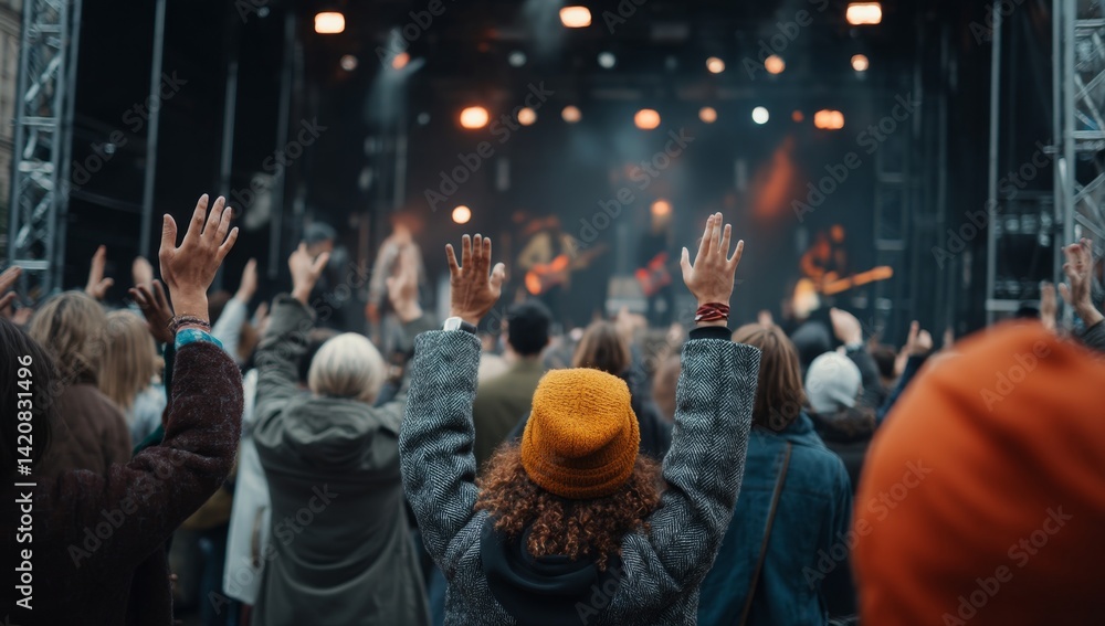 Crowd Enjoys Live Music Concert, Raising Hands Joyfully During Outdoor Festival Show Crowd Enjoys Live Music Concert, Raising Hands Joyfully During Outdoor Festival Show