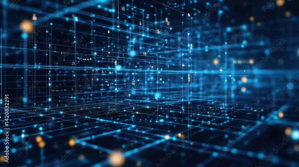 Abstract digital network data flow with connected points, glowing lines Abstract digital network data flow with connected points, glowing lines