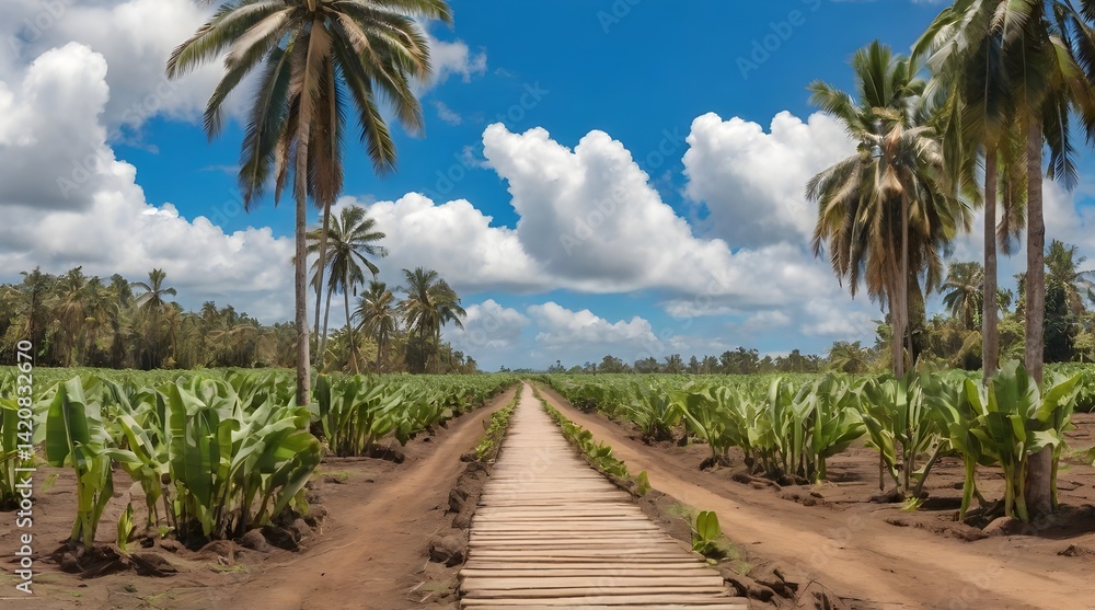 Wooden path crossing a banana plantation.generative.ai