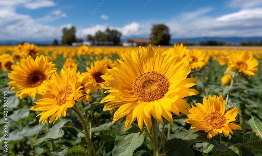 Fototapeta premium Vibrant sunflowers in a field under a partly cloudy sky (3)