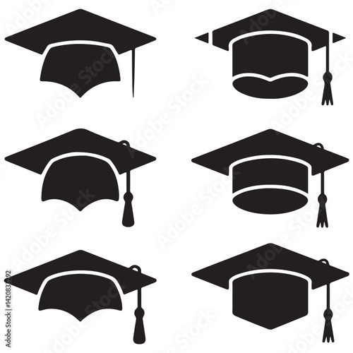 set of vector graduation hat with diploma, Education cap, Graduation student black cap with academic degree certificate silhouettes