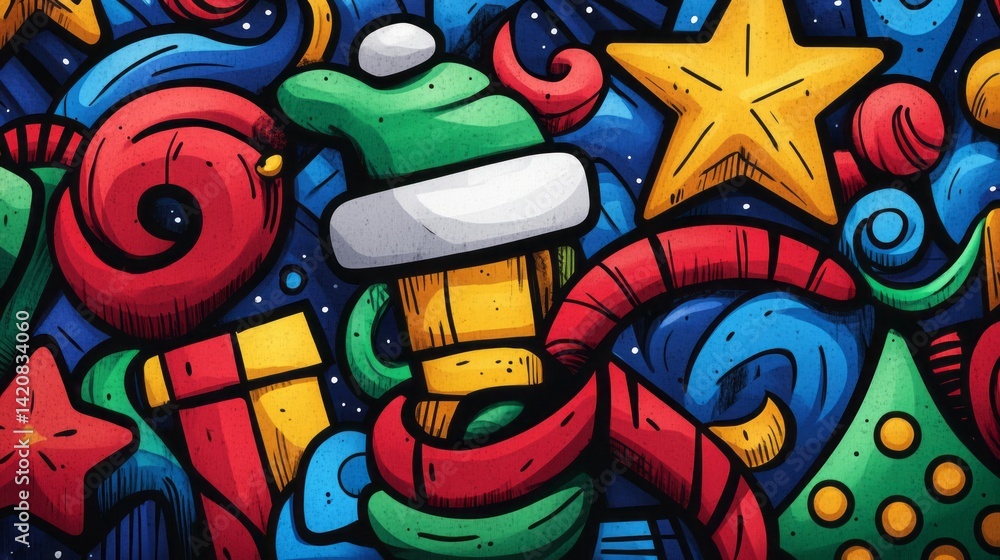 Obraz premium Colorful cartoon christmas doodle pattern with fun holiday elements