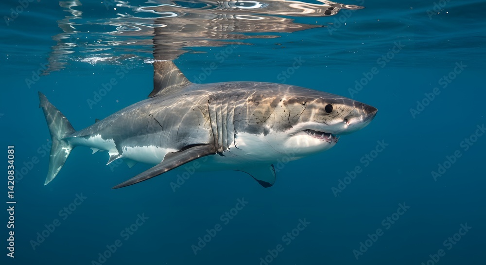 Fototapeta premium Majestic Great White Shark Underwater: A Stunning Ocean Predator Portrait