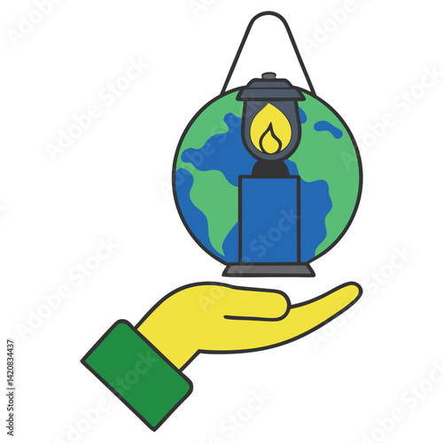 Globe and Lantern on Golden Hand over White Background Art