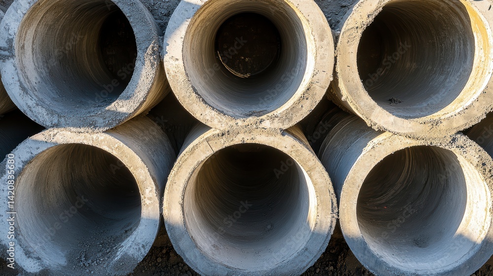 Stacked concrete drainage pipes viewed from above, showing circular openings and textured surfaces. Stacked concrete drainage pipes viewed from above, showing circular openings and textured surfaces.