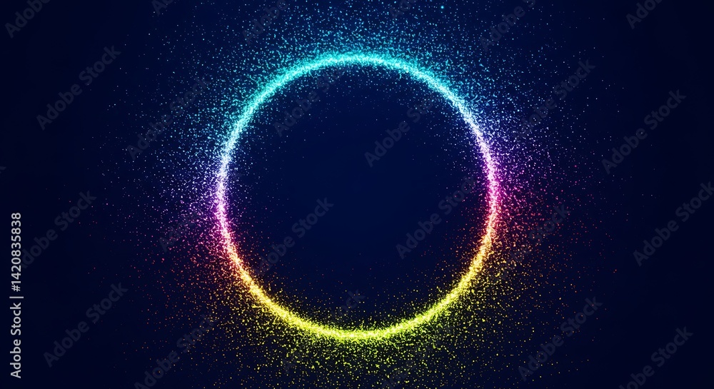 Fototapeta premium A sparkling circle of light with rainbow colors on a dark blue background that looks like a portal
