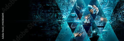 .AI, Machine learning, Business analysis, Science and artificial intelligence technology, Cloud computing, Network, Big data, communication, Digital transformation, Innovation and futuristic.