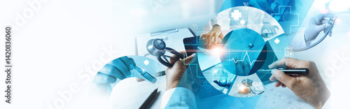Digital healthcare, Doctor working write electronic medical record on network, Research and development. Medical technology service to solve people health, Business and medical insurance.