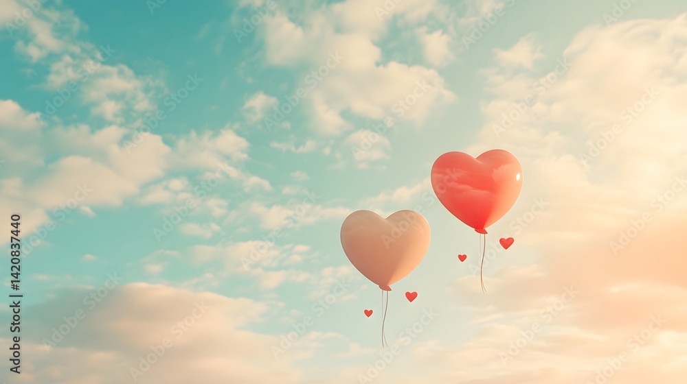 Two balloons floating in the sky with hearts attached drifting gently in the breeze Two balloons floating in the sky with hearts attached drifting gently in the breeze