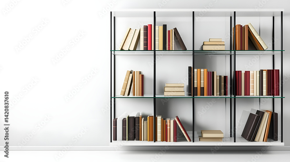 A white bookshelf with a glass shelf. Generated using AI. A white bookshelf with a glass shelf. Generated using AI.