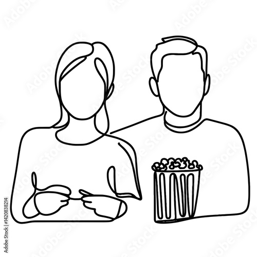 Couple watching movie with popcorn in line art