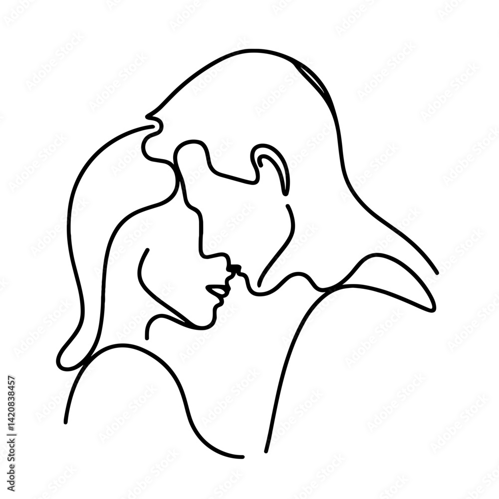 Romantic couple touching foreheads in line art Romantic couple touching foreheads in line art