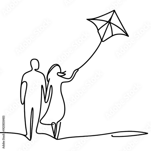 Couple flying kite together in minimal line drawing