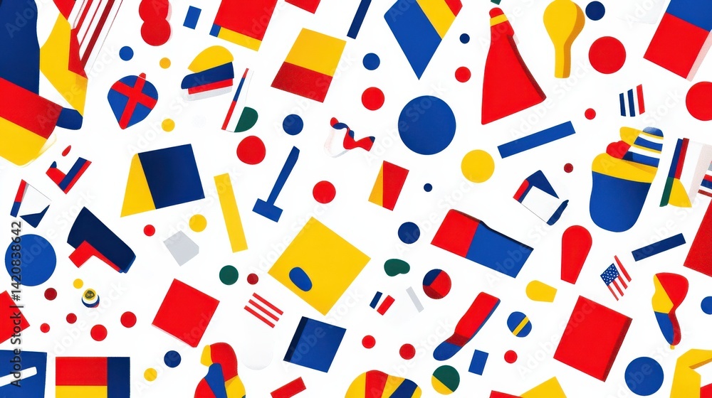 Colorful Geometric Shapes and Flags on a White Background Design Colorful Geometric Shapes and Flags on a White Background Design