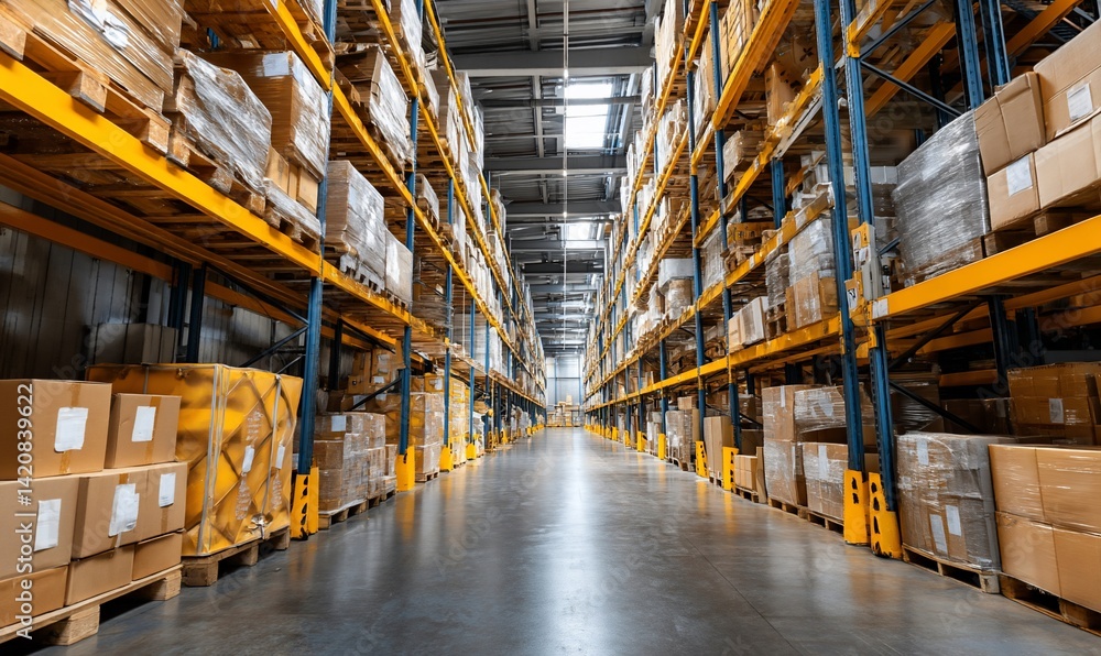 Fototapeta premium Wide warehouse aisle with stacked boxes