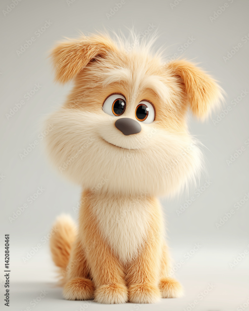 Adorable Cartoon Puppy with Fluffy Fur Sitting on Neutral Background Adorable Cartoon Puppy with Fluffy Fur Sitting on Neutral Background
