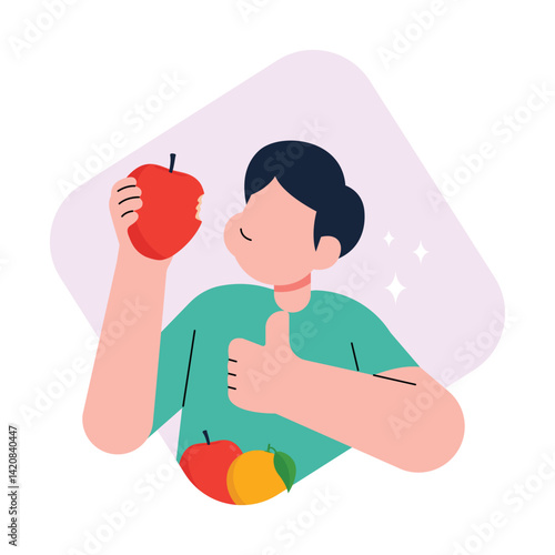 Healthy Lifestyle by Consuming Fruits. Man eating apple for a healthy and balanced diet. vector illustration