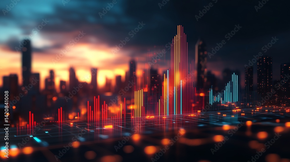 Fototapeta premium Data Analysis Concept with Blurred City Lights at Night and Minimalistic Design
