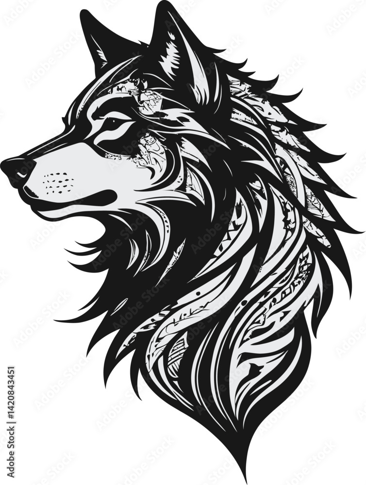 Obraz premium Howling Wolf Silhouette - Bold Tribal-Style Black & White Lupine Illustration