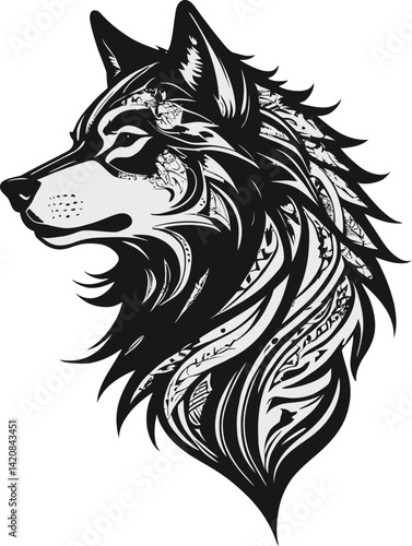 Howling Wolf Silhouette - Bold Tribal-Style Black & White Lupine Illustration
