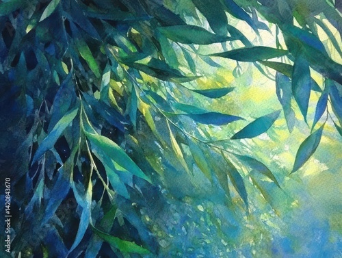 Wallpaper Mural Emerald Canopy Sunlight filters through willow leaves creating a serene shaded watercolor scene Torontodigital.ca