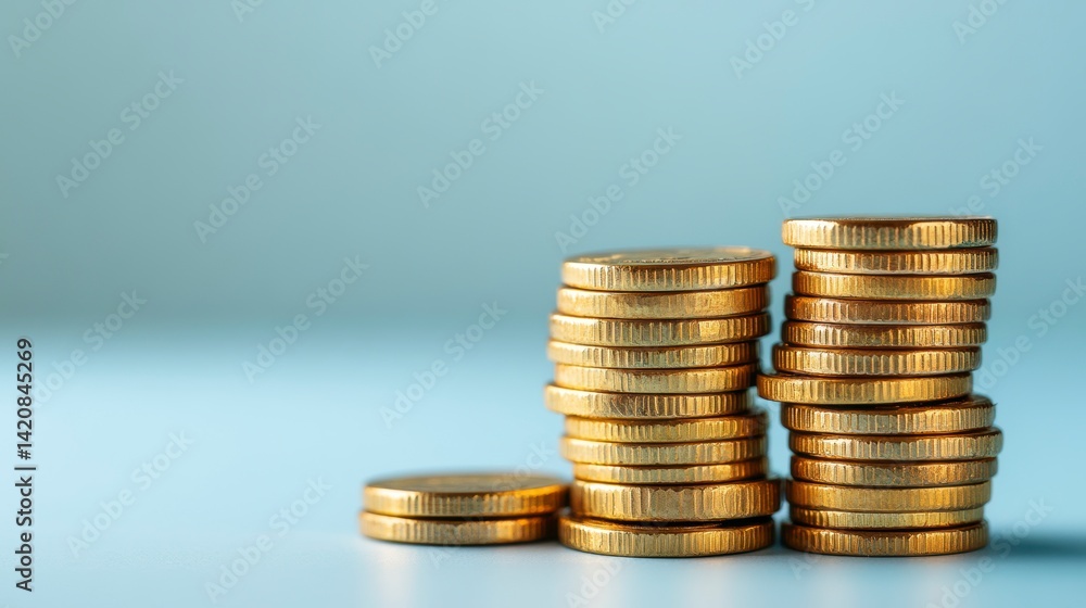 Three stacks of gold coins on a light blue background, showing growth and financial success. Three stacks of gold coins on a light blue background, showing growth and financial success.