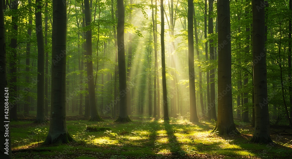 Obraz premium Sunlight streaming through trees in a dense forest with green foliage and a mossy forest floor view