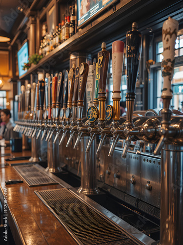 many beer taps in bar or pub