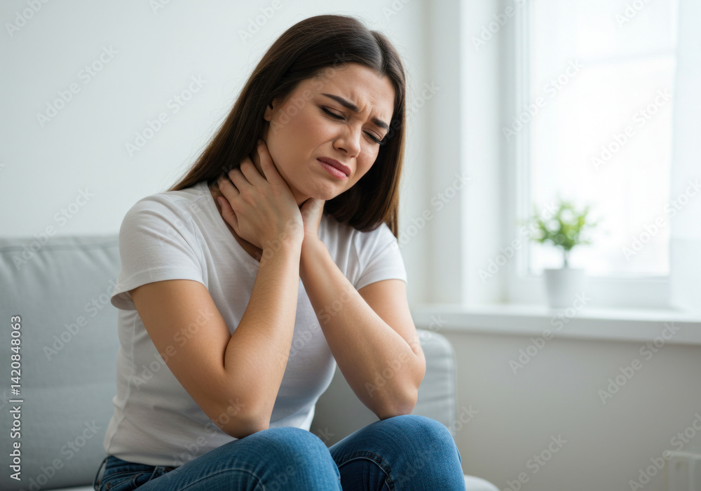 Caucasian woman sitting on couch at home holding her neck in pain, expressing discomfort and tension possibly caused by stress, poor posture, or neck strain from daily activities Caucasian woman sitting on couch at home holding her neck in pain, expressing discomfort and tension possibly caused by stress, poor posture, or neck strain from daily activities
