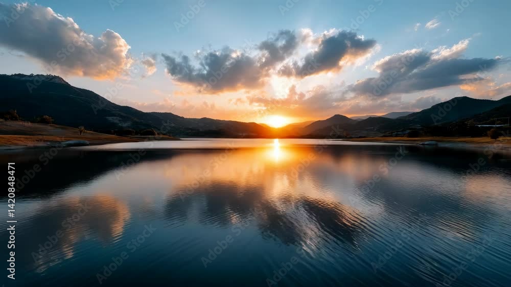 Serene sunset over tranquil lake with vibrant colors painting the sky and water in a peaceful natural landscape Serene sunset over tranquil lake with vibrant colors painting the sky and water in a peaceful natural landscape