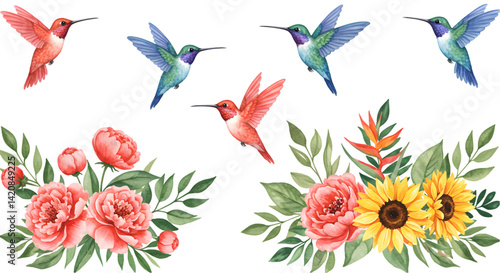 Vibrant Watercolor Illustration of Hummingbirds and Floral Bouquet Sunflowers, Peonies, and Lush Greenery