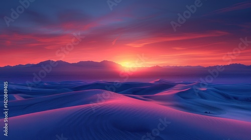 Dramatic desert sunset over vast sand dunes, with vibrant colors of fiery red and purple hues painting the sky above.