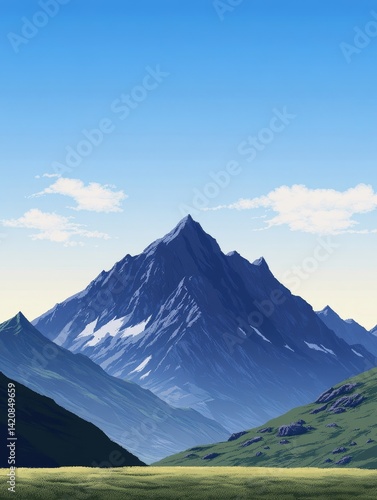 Wallpaper Mural 8-bit pixel art mountain landscape, tall sharp peaks, rocky terrain, grassy foreground, clear sky with a few clouds, frontal view, old-school game look, rich pixel detail. Torontodigital.ca