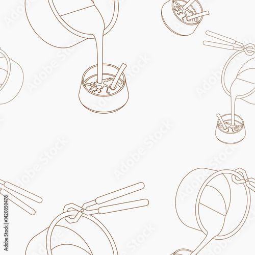 Editable Outline Three-Quarter Top View of Pouring Masala Chai from Pan into Pottery Cup Vector Illustration Seamless Pattern for Background of Beverages With South Asian Culture and Tradition