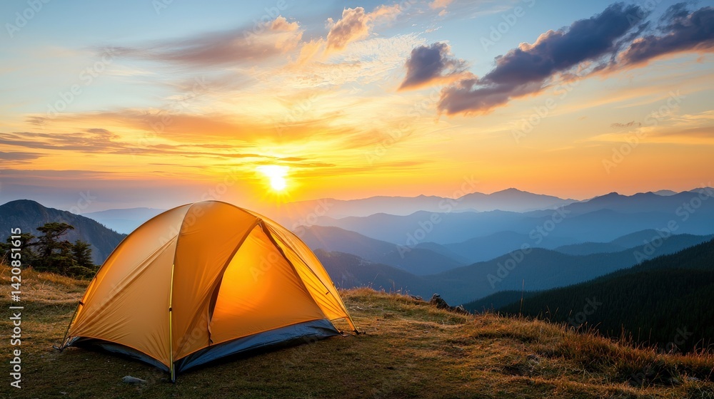 A tent perched on the edge of a mountain with a breathtaking sunrise breaking through the clouds,Types of Morning Tent Views A tent perched on the edge of a mountain with a breathtaking sunrise breaking through the clouds,Types of Morning Tent Views
