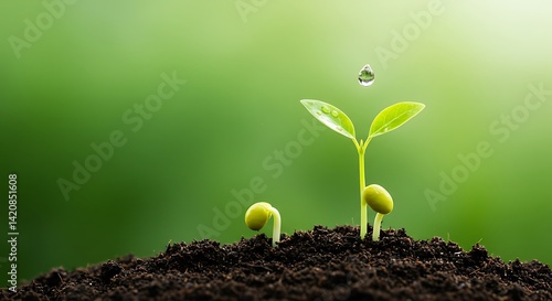 Close up of two small sprouts growing from soil with a water droplet falling above them on green background