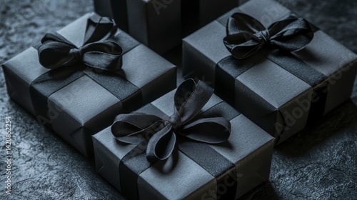 Four elegantly wrapped dark gray gifts with black ribbons and bows on a dark surface.
