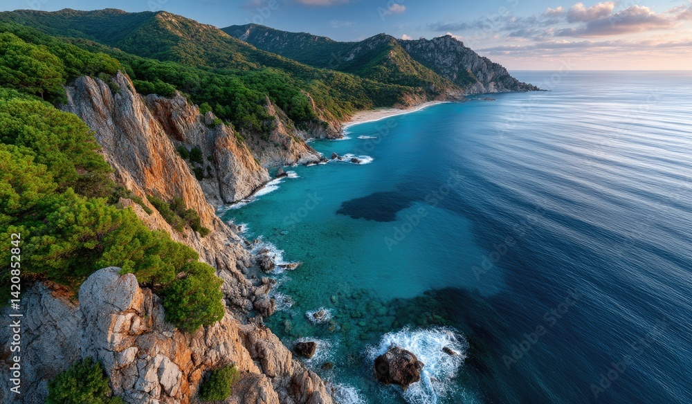 The rugged cliffs of stunning landscape, overlooking the azure sea and lush greenery of the island at sunset The rugged cliffs of stunning landscape, overlooking the azure sea and lush greenery of the island at sunset