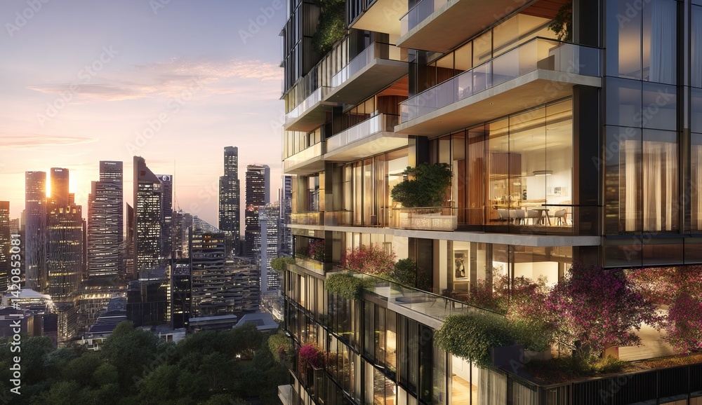 Luxury Apartments: Modern Cityscape at Sunset, Featuring Spacious Balconies and Stunning Views. Luxury Apartments: Modern Cityscape at Sunset, Featuring Spacious Balconies and Stunning Views.