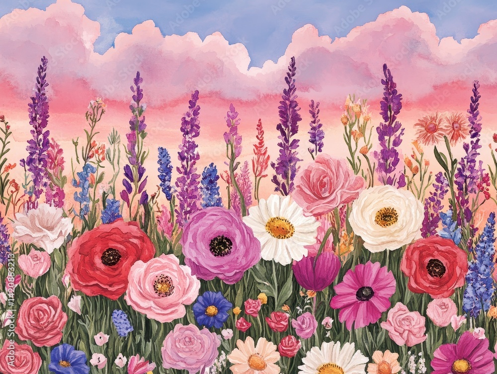 Obraz premium Floral fantasy unfolds beneath a sky painted with dreams