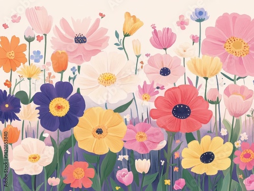 Floral Rhapsody A whimsical meadow of colorful blooms in joyful disarray