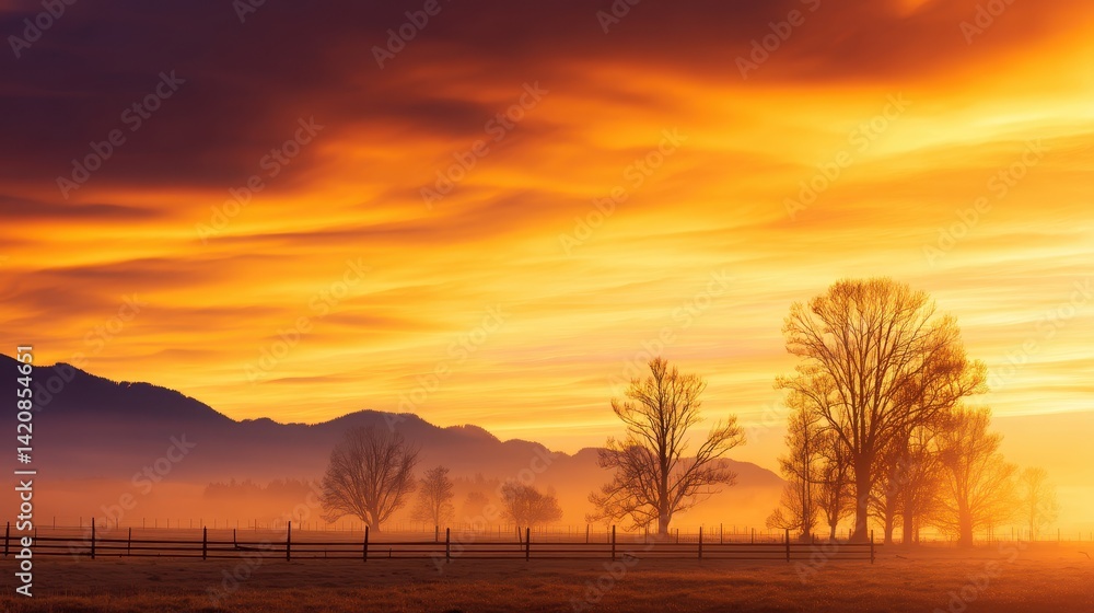 Fototapeta premium Serene sunset over misty landscape with silhouetted trees and mountains in the background